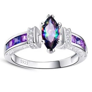 ❤️098❤️. 14k WHITE GOLD MYSTIC TOPAS AMETHYST SAPPHIRE AND DIAMOND RING
